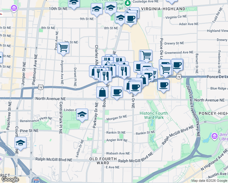 map of restaurants, bars, coffee shops, grocery stores, and more near in Atlanta