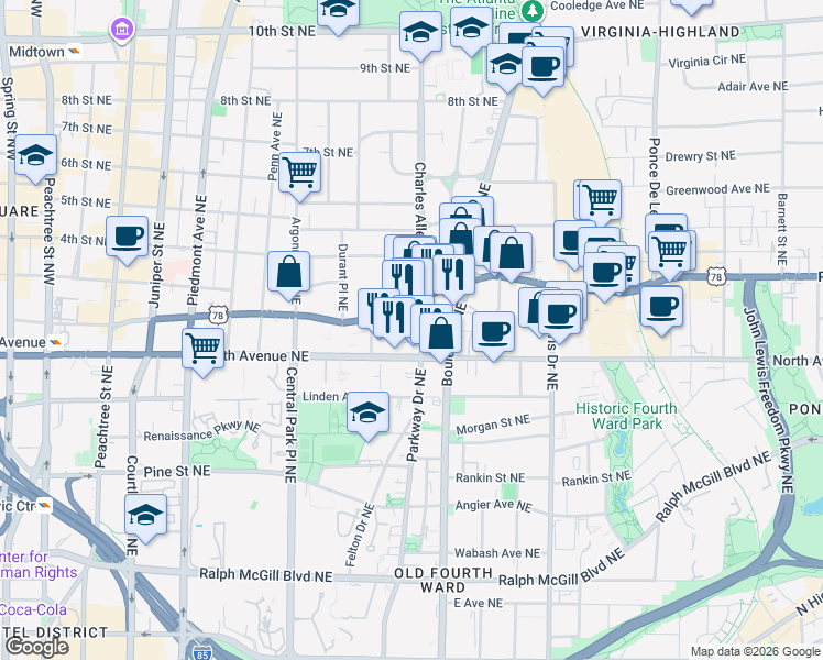 map of restaurants, bars, coffee shops, grocery stores, and more near 425 Ponce De Leon Avenue Northeast in Atlanta
