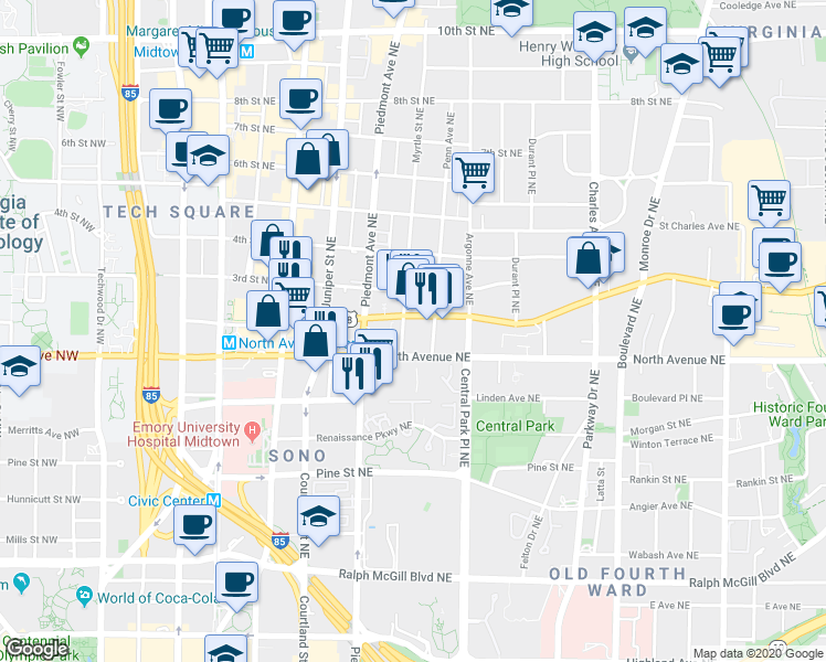 map of restaurants, bars, coffee shops, grocery stores, and more near 239 U.S. 278 in Atlanta
