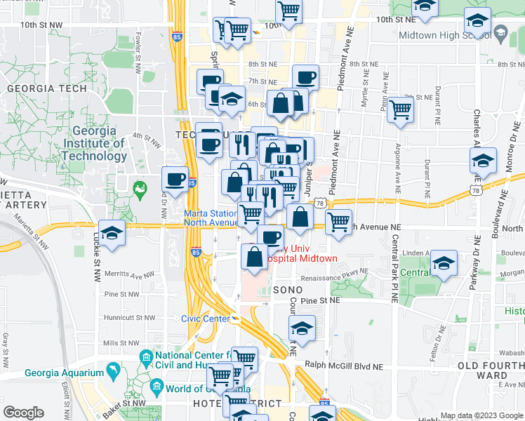 map of restaurants, bars, coffee shops, grocery stores, and more near 660 West Peachtree Street Northwest in Atlanta