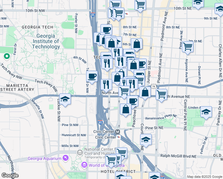 map of restaurants, bars, coffee shops, grocery stores, and more near 655 Spring Street Northwest in Atlanta