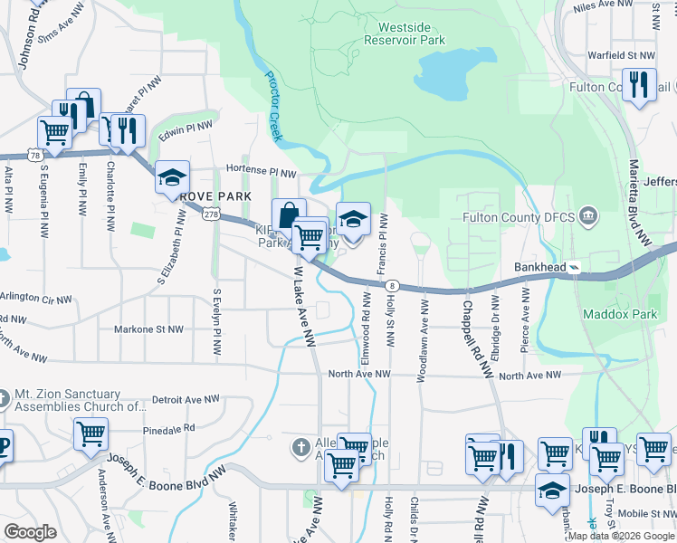 map of restaurants, bars, coffee shops, grocery stores, and more near 1577 Donald Lee Hollowell Parkway Northwest in Atlanta