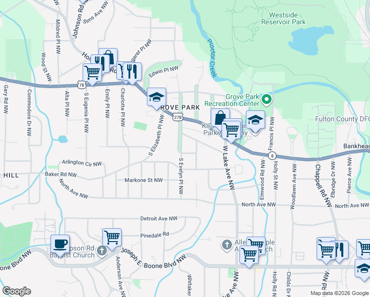 map of restaurants, bars, coffee shops, grocery stores, and more near 639 South Evelyn Place Northwest in Atlanta