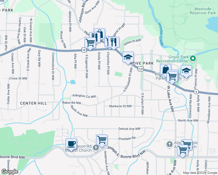 map of restaurants, bars, coffee shops, grocery stores, and more near 1941 Maywood Place Northwest in Atlanta