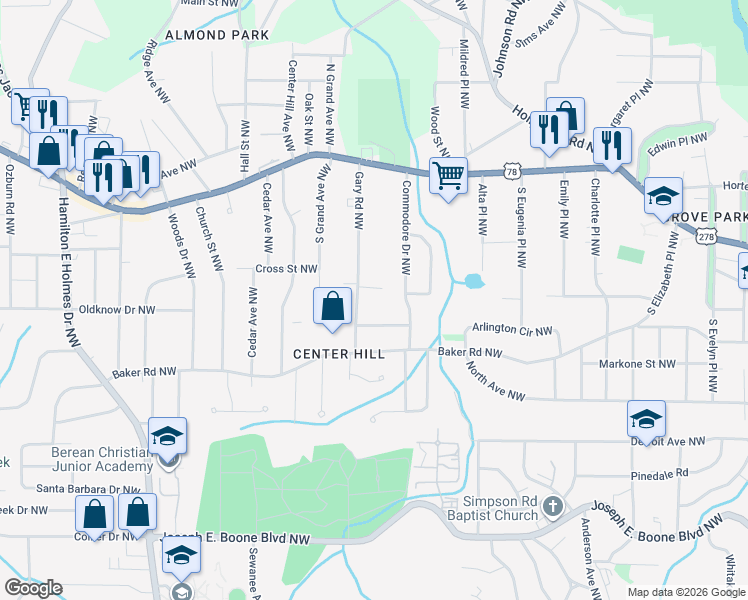 map of restaurants, bars, coffee shops, grocery stores, and more near 2286 Kennedy Court Northwest in Atlanta