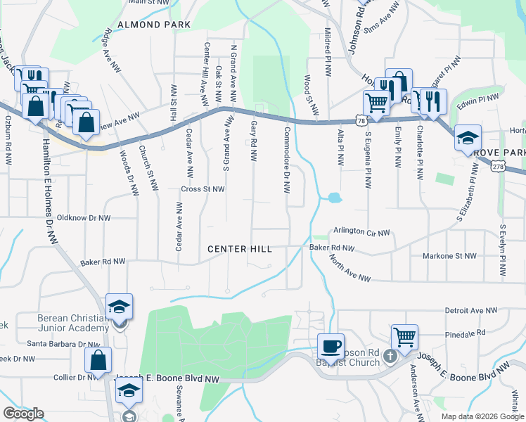 map of restaurants, bars, coffee shops, grocery stores, and more near 2286 Kennedy Court Northwest in Atlanta