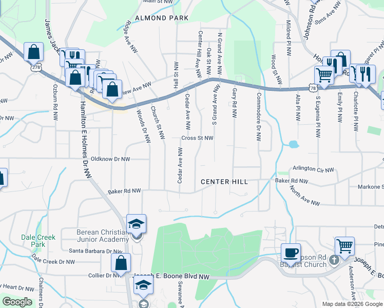 map of restaurants, bars, coffee shops, grocery stores, and more near 633 Cedar Avenue Northwest in Atlanta