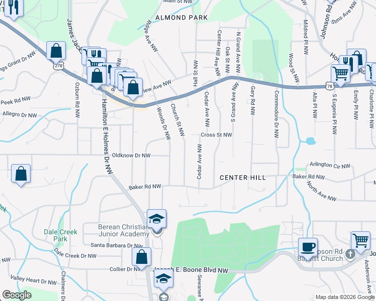 map of restaurants, bars, coffee shops, grocery stores, and more near 637 Church Street Northwest in Atlanta