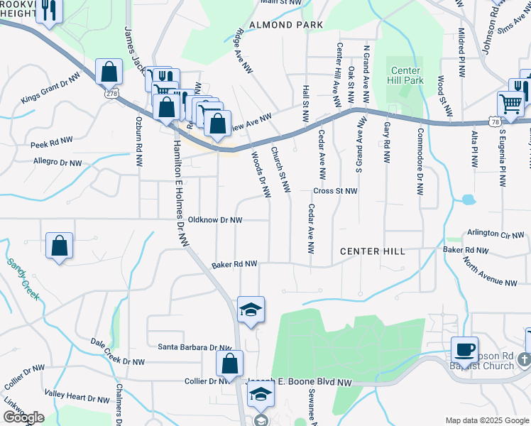 map of restaurants, bars, coffee shops, grocery stores, and more near 637 Woods Drive Northwest in Atlanta