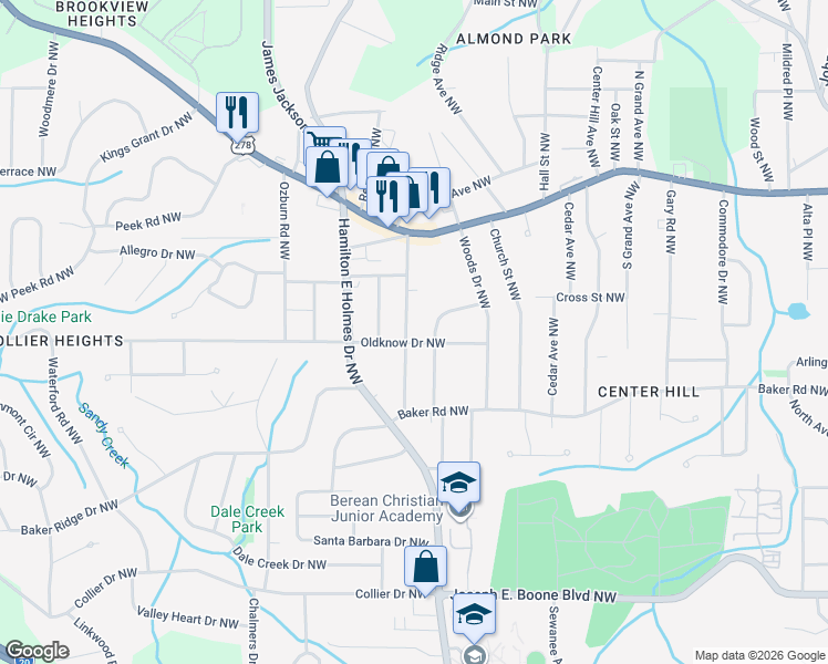 map of restaurants, bars, coffee shops, grocery stores, and more near 631 Commercial Avenue Northwest in Atlanta