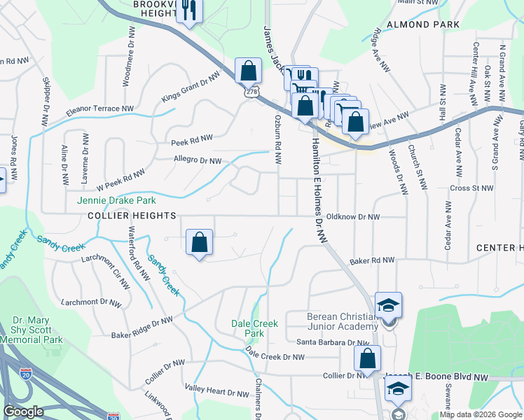 map of restaurants, bars, coffee shops, grocery stores, and more near 637 Lyric Way Northwest in Atlanta
