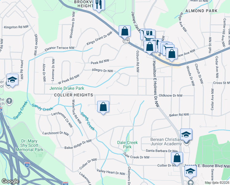 map of restaurants, bars, coffee shops, grocery stores, and more near 605 Lyric Way Northwest in Atlanta