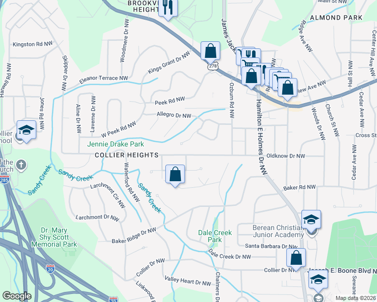 map of restaurants, bars, coffee shops, grocery stores, and more near 2854 Crescendo Drive Northwest in Atlanta