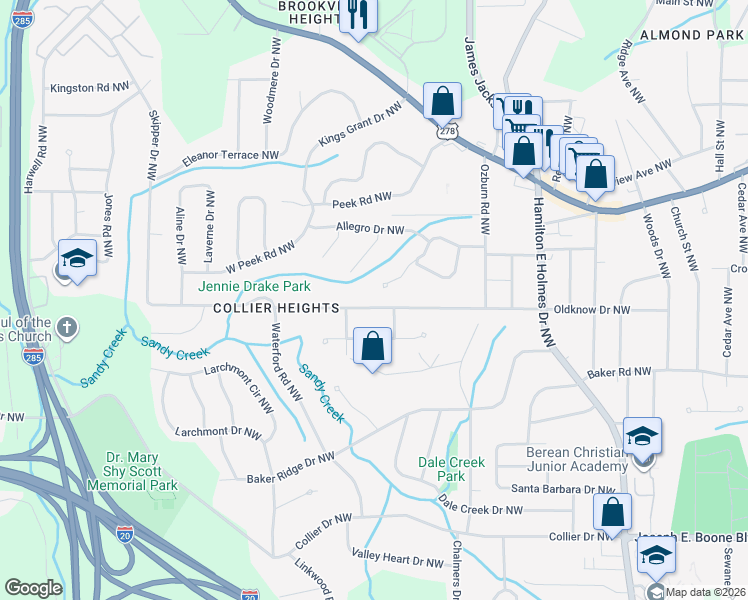 map of restaurants, bars, coffee shops, grocery stores, and more near 671 Indigo Lane Northwest in Atlanta