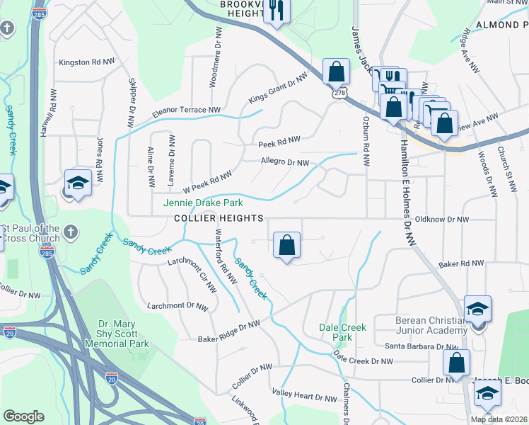 map of restaurants, bars, coffee shops, grocery stores, and more near 671 Indigo Lane Northwest in Atlanta