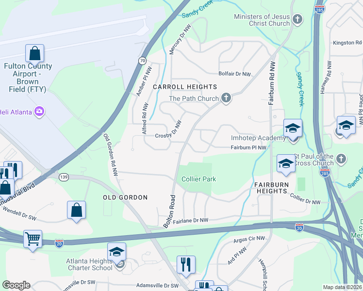 map of restaurants, bars, coffee shops, grocery stores, and more near 3649 Adkins Road Northwest in Atlanta