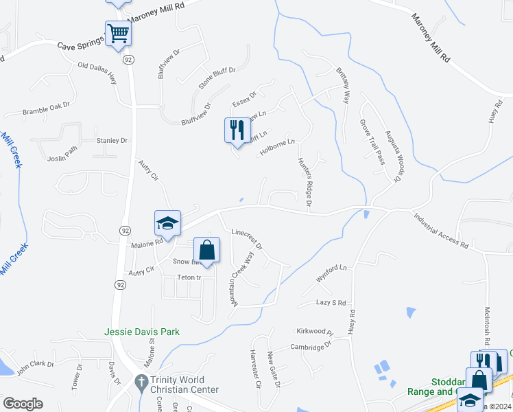 map of restaurants, bars, coffee shops, grocery stores, and more near Malone Road in Douglasville