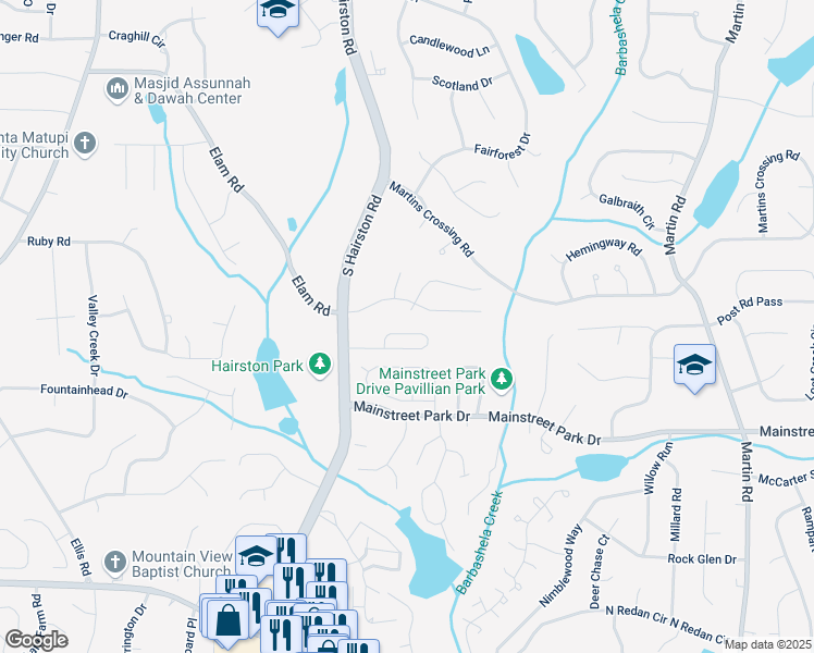 map of restaurants, bars, coffee shops, grocery stores, and more near 4821 Hairston Place in Stone Mountain