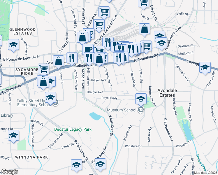 map of restaurants, bars, coffee shops, grocery stores, and more near 771 Livingstone Place in Decatur