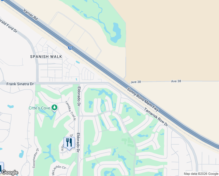 map of restaurants, bars, coffee shops, grocery stores, and more near 38089 Crocus Lane in Palm Desert