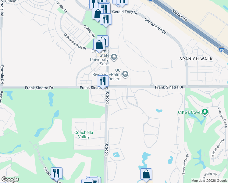 map of restaurants, bars, coffee shops, grocery stores, and more near 407 Cypress Point Drive in Palm Desert