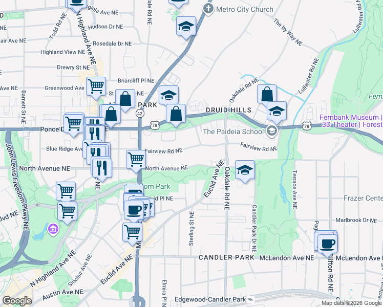 map of restaurants, bars, coffee shops, grocery stores, and more near 1305 Fairview Road Northeast in Atlanta
