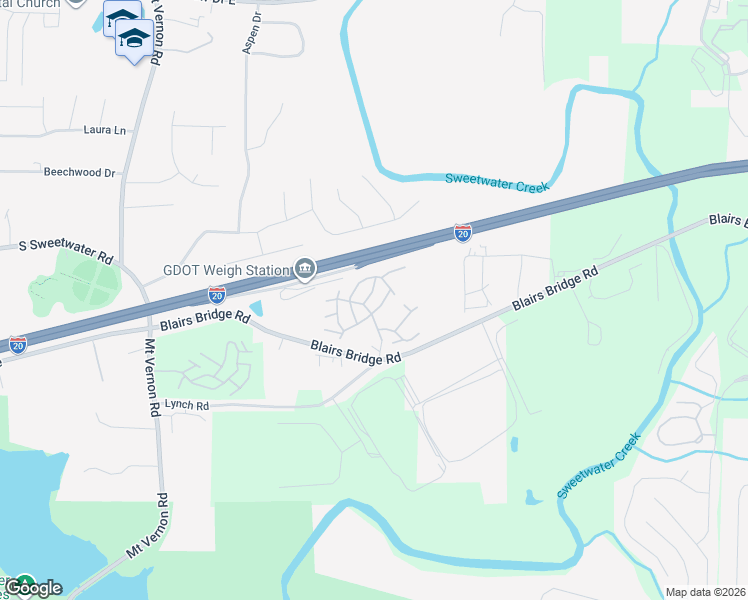 map of restaurants, bars, coffee shops, grocery stores, and more near 1600 Blairs Bridge Road in Lithia Springs