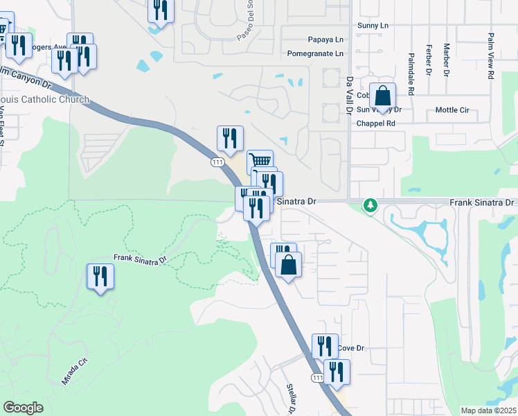 map of restaurants, bars, coffee shops, grocery stores, and more near 69800 California 111 in Rancho Mirage