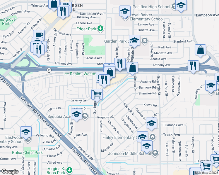 map of restaurants, bars, coffee shops, grocery stores, and more near 6091 Pamela Lane in Westminster