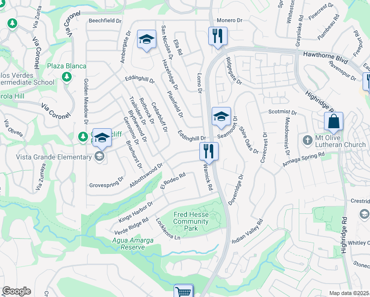 map of restaurants, bars, coffee shops, grocery stores, and more near 6551 Abbottswood Drive in Rancho Palos Verdes