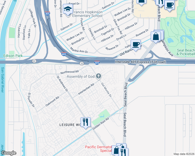map of restaurants, bars, coffee shops, grocery stores, and more near 1780 Saint John Road in Seal Beach