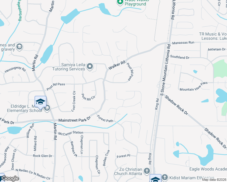 map of restaurants, bars, coffee shops, grocery stores, and more near 5447 Hedgeflower Court in Stone Mountain