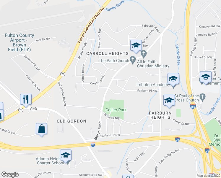 map of restaurants, bars, coffee shops, grocery stores, and more near 3604 Adkins Road Northwest in Atlanta