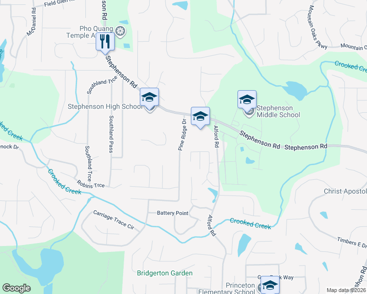 map of restaurants, bars, coffee shops, grocery stores, and more near 790 Pine Ridge Drive in Stone Mountain
