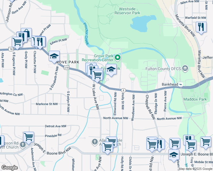 map of restaurants, bars, coffee shops, grocery stores, and more near 1577 Donald Lee Hollowell Parkway Northwest in Atlanta