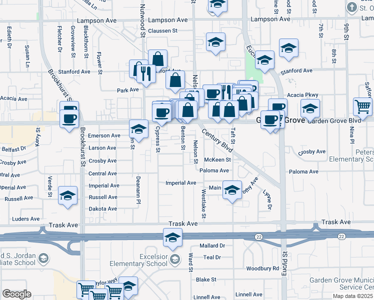 map of restaurants, bars, coffee shops, grocery stores, and more near 13122 Benton Street in Garden Grove