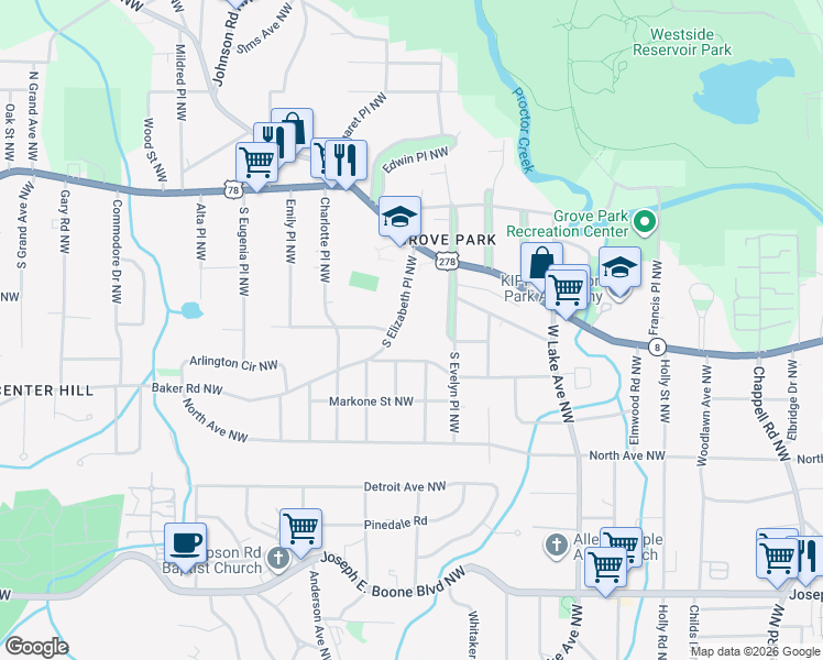 map of restaurants, bars, coffee shops, grocery stores, and more near 627 S Elizabeth Place Northwest in Atlanta