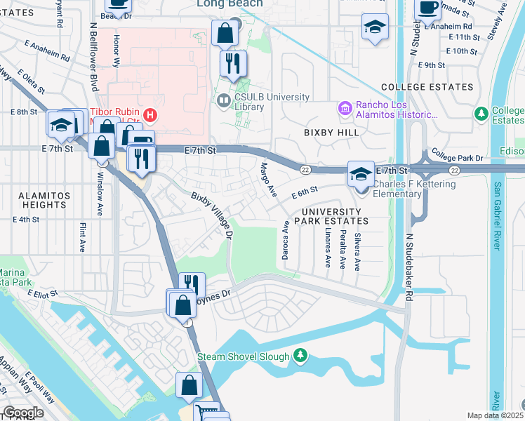 map of restaurants, bars, coffee shops, grocery stores, and more near 6195 East 6th Street in Long Beach
