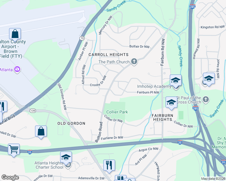 map of restaurants, bars, coffee shops, grocery stores, and more near 675 Bolton Road Northwest in Atlanta