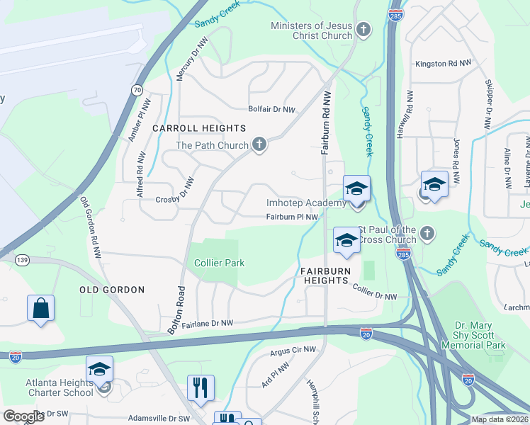 map of restaurants, bars, coffee shops, grocery stores, and more near 3553 Fairburn Place Northwest in Atlanta