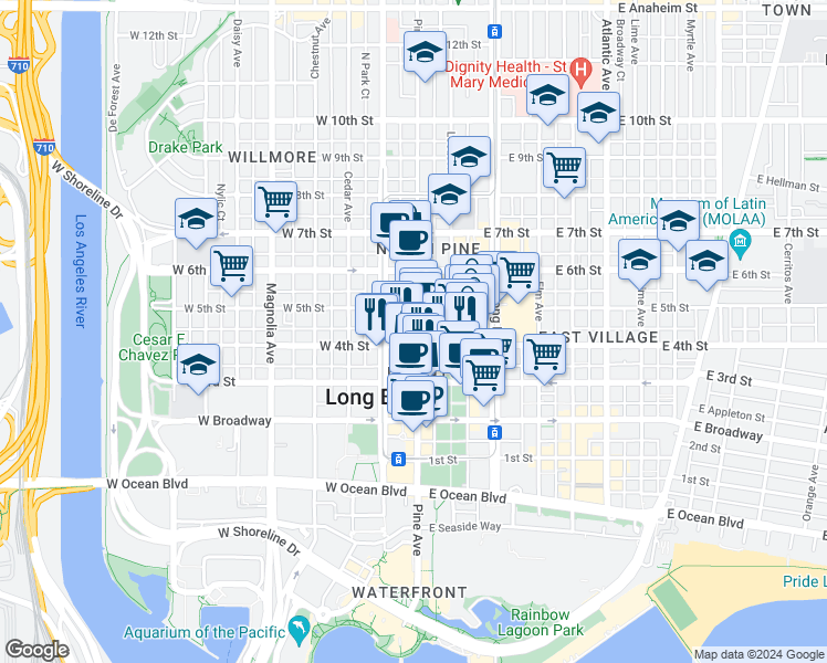 map of restaurants, bars, coffee shops, grocery stores, and more near 415 Pine Avenue in Long Beach