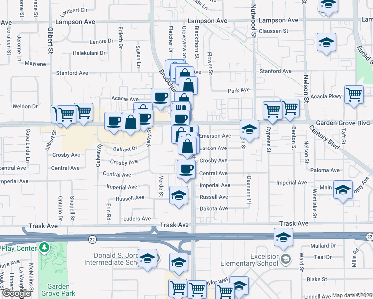 map of restaurants, bars, coffee shops, grocery stores, and more near 13123 Brookhurst Street in Garden Grove