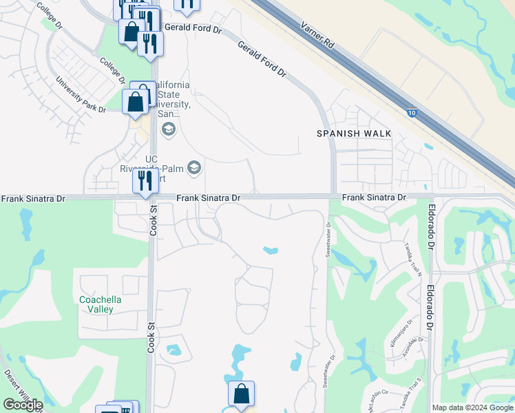 map of restaurants, bars, coffee shops, grocery stores, and more near 510 Desert Falls Drive East in Palm Desert