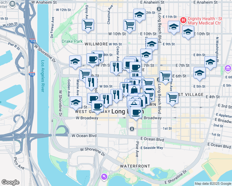 map of restaurants, bars, coffee shops, grocery stores, and more near 419 Cedar Avenue in Long Beach