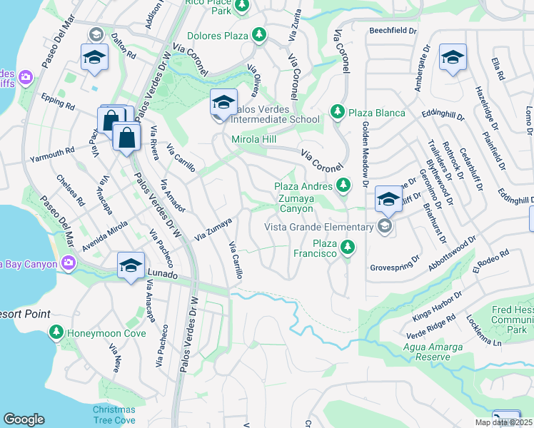 map of restaurants, bars, coffee shops, grocery stores, and more near 2605 Vía Olivera in Palos Verdes Estates