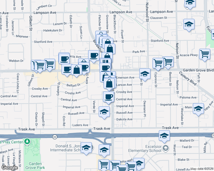 map of restaurants, bars, coffee shops, grocery stores, and more near 13135 Brookhurst Street in Garden Grove