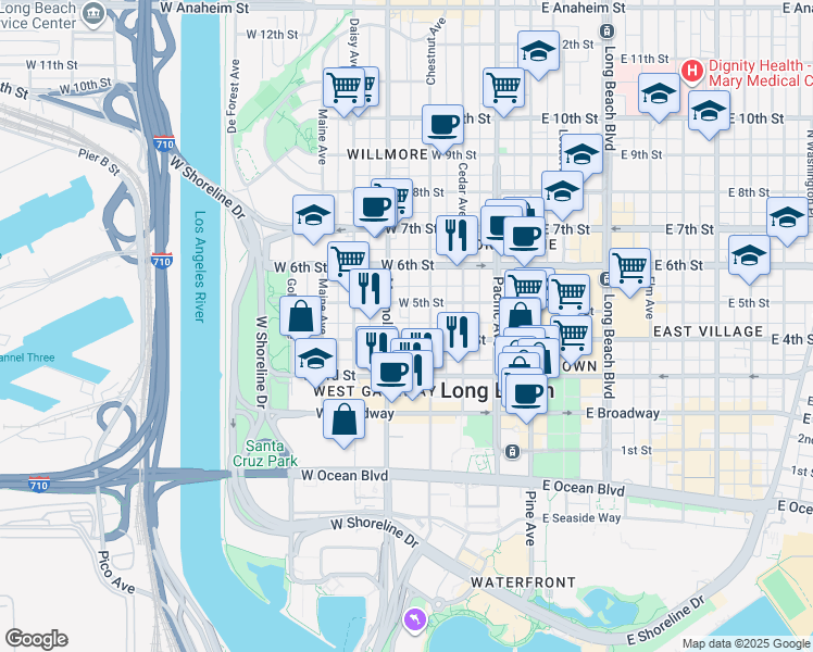 map of restaurants, bars, coffee shops, grocery stores, and more near 445 Chestnut Avenue in Long Beach