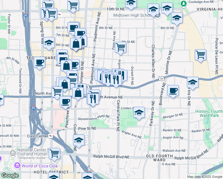 map of restaurants, bars, coffee shops, grocery stores, and more near 239 U.S. 278 in Atlanta