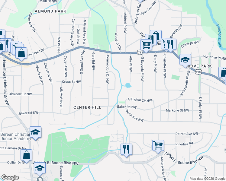 map of restaurants, bars, coffee shops, grocery stores, and more near 745 Ayrshire Circle Northwest in Atlanta