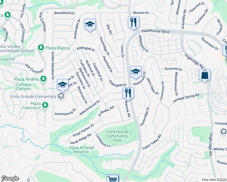 map of restaurants, bars, coffee shops, grocery stores, and more near 6551 Abbottswood Drive in Rancho Palos Verdes